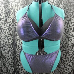 Purple Blue Metallic Striped Triangle Bikini Set